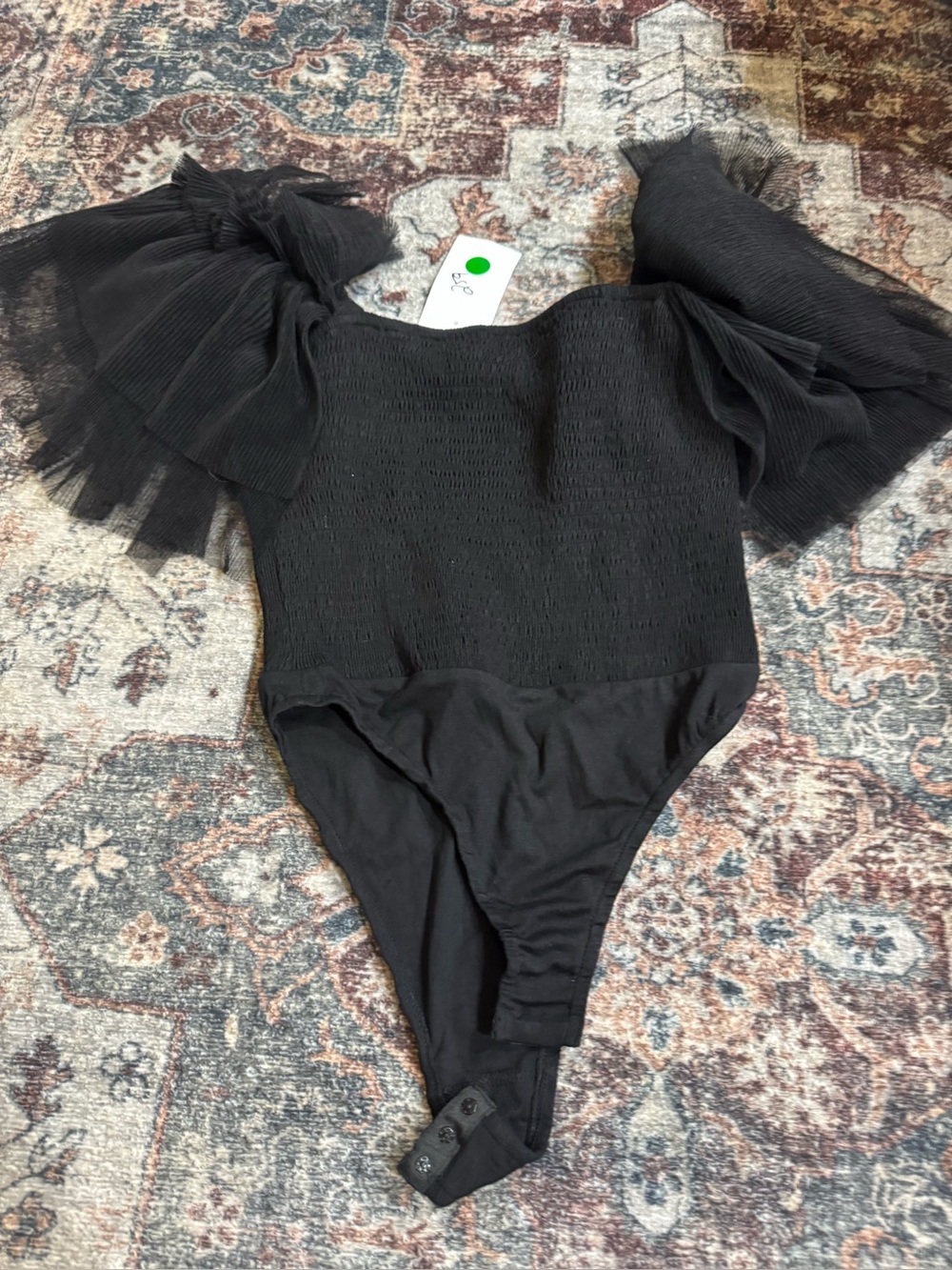 Woman’s Black One-Piece Bodysuit with Puff Tulle Sleeves